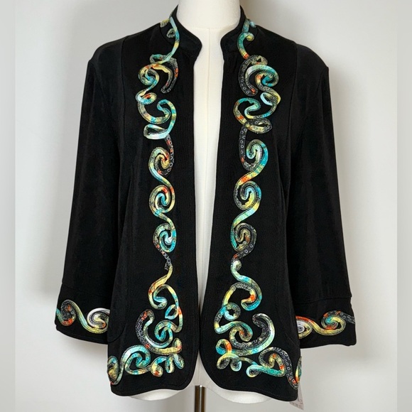 NWT Picadilly Fashions Open Cardigan 3/4 Sleeve Multicolor Appliqué Petite Small - Picture 1 of 11